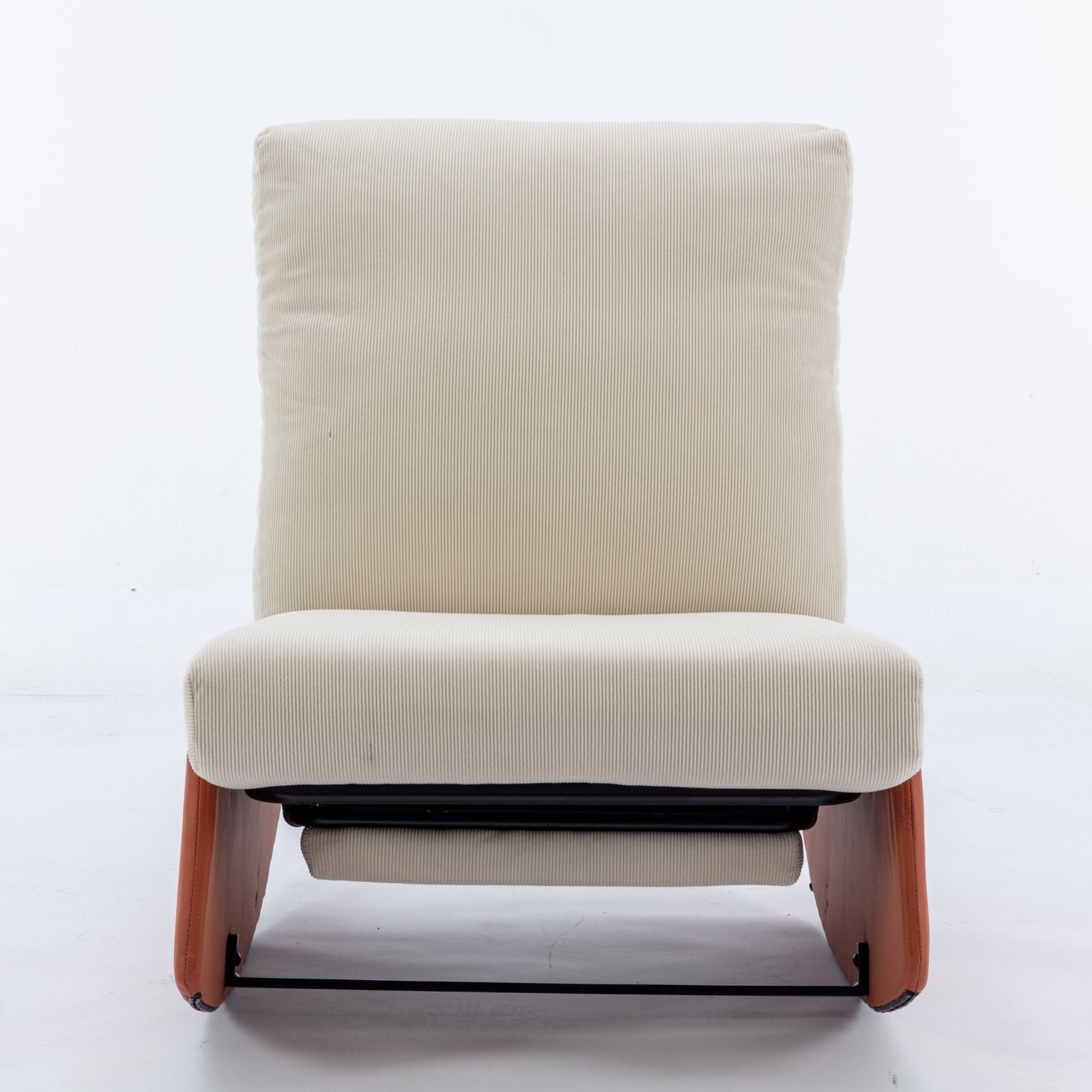 The Modern Rocking Chair Recliner is a comfy upholstered lounge chair with a footrest and low wooden armrests, shown from the front against a plain white background—perfect for relaxing in your living room or bedroom.