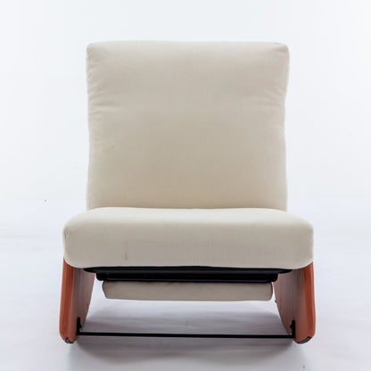 The Modern Rocking Chair Recliner is a comfy upholstered lounge chair with a footrest and low wooden armrests, shown from the front against a plain white background—perfect for relaxing in your living room or bedroom.