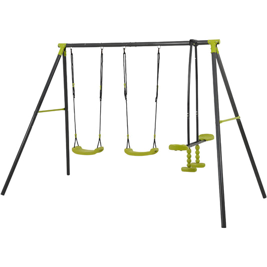 The Xns008 Interesting Triple Children Metal Safe Swing Set features two yellow swings and a green glider on a sturdy green and black frame, supporting up to 440 lbs for outdoor play for ages 3+.