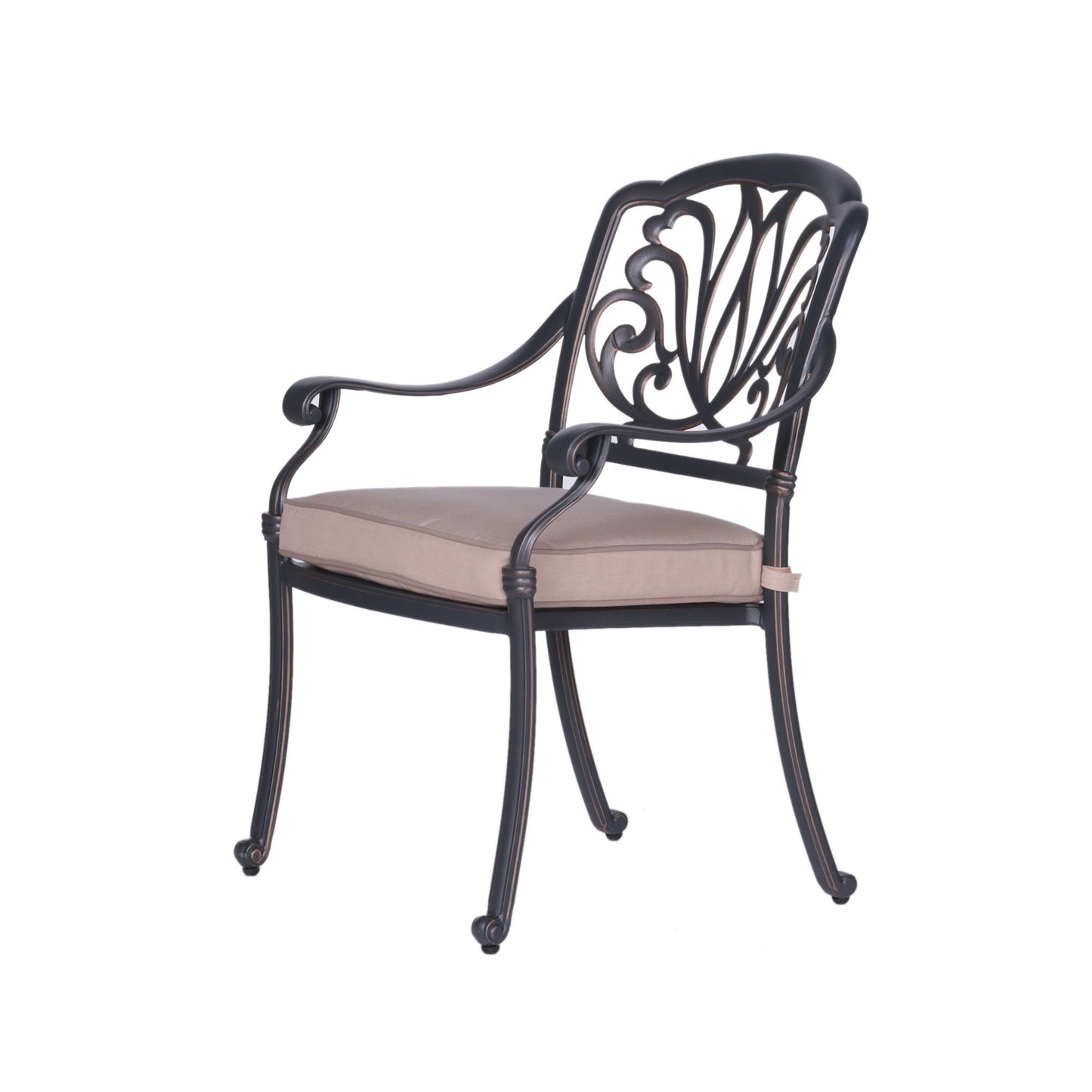 The Square 8 Person 64" Long Aluminum Dining Set With Cushions features black metal chairs with curved arms, decorative backrests, and light brown cushioned seats, displayed against a white background.