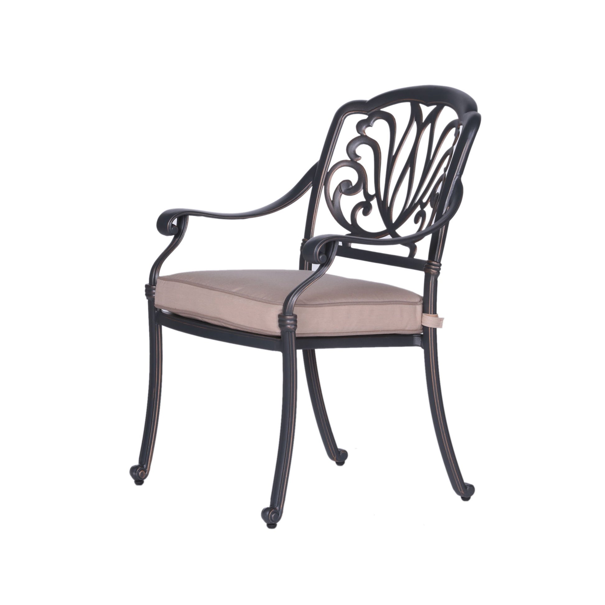 The Square 8 Person 64" Long Aluminum Dining Set With Cushions features black metal chairs with curved arms, decorative backrests, and light brown cushioned seats, displayed against a white background.