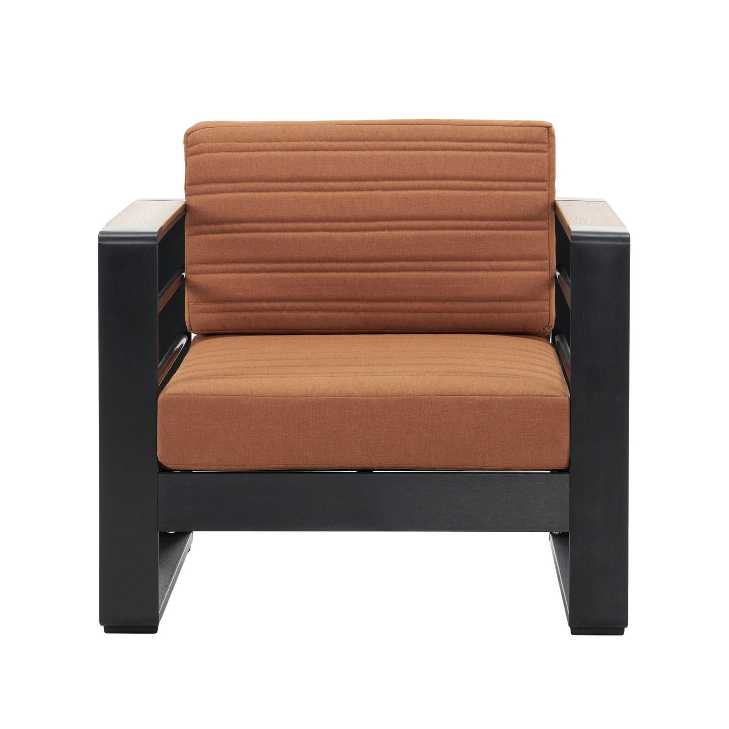 The Giovanna Club Chair Set features a wide black aluminum frame with broad armrests and brown cushioned seat and backrest accented by horizontal stitching, all set against a white background.