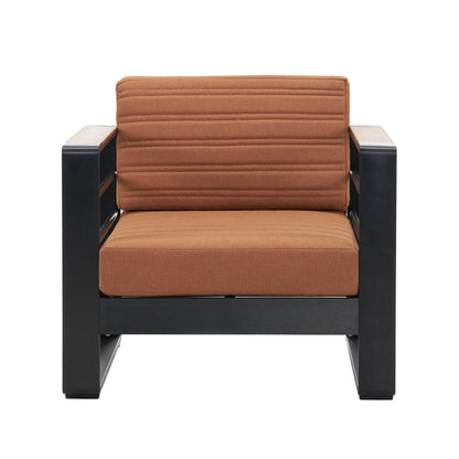 The Giovanna Club Chair Set features a wide black aluminum frame with broad armrests and brown cushioned seat and backrest accented by horizontal stitching, all set against a white background.
