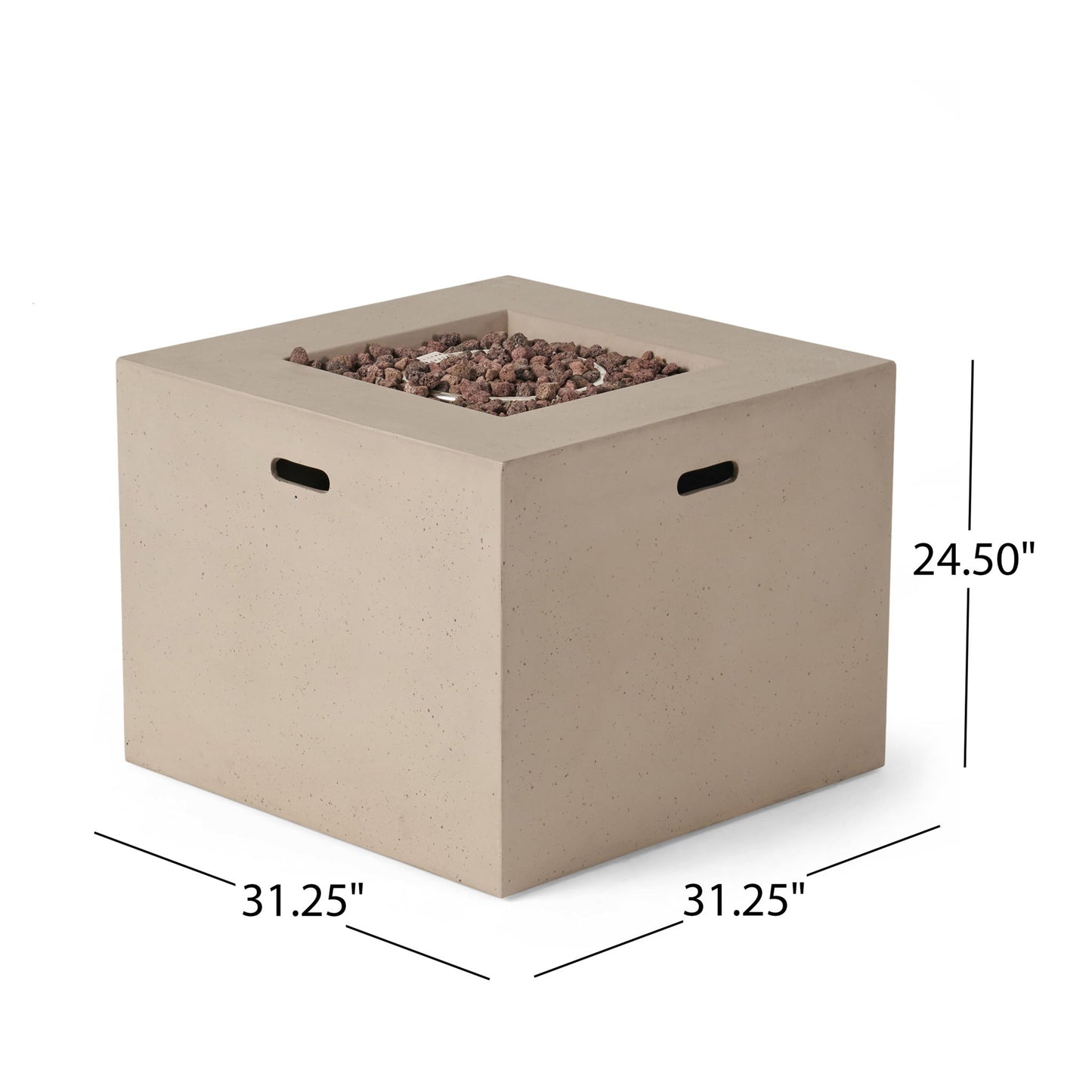 The Outdoor Patio Square Gas Burning Concrete Fire Pit 40,000 Btu is a beige fire pit with black side handles, filled with lava rocks, and measures 31.25" W x 31.25" D x 24.5" H.