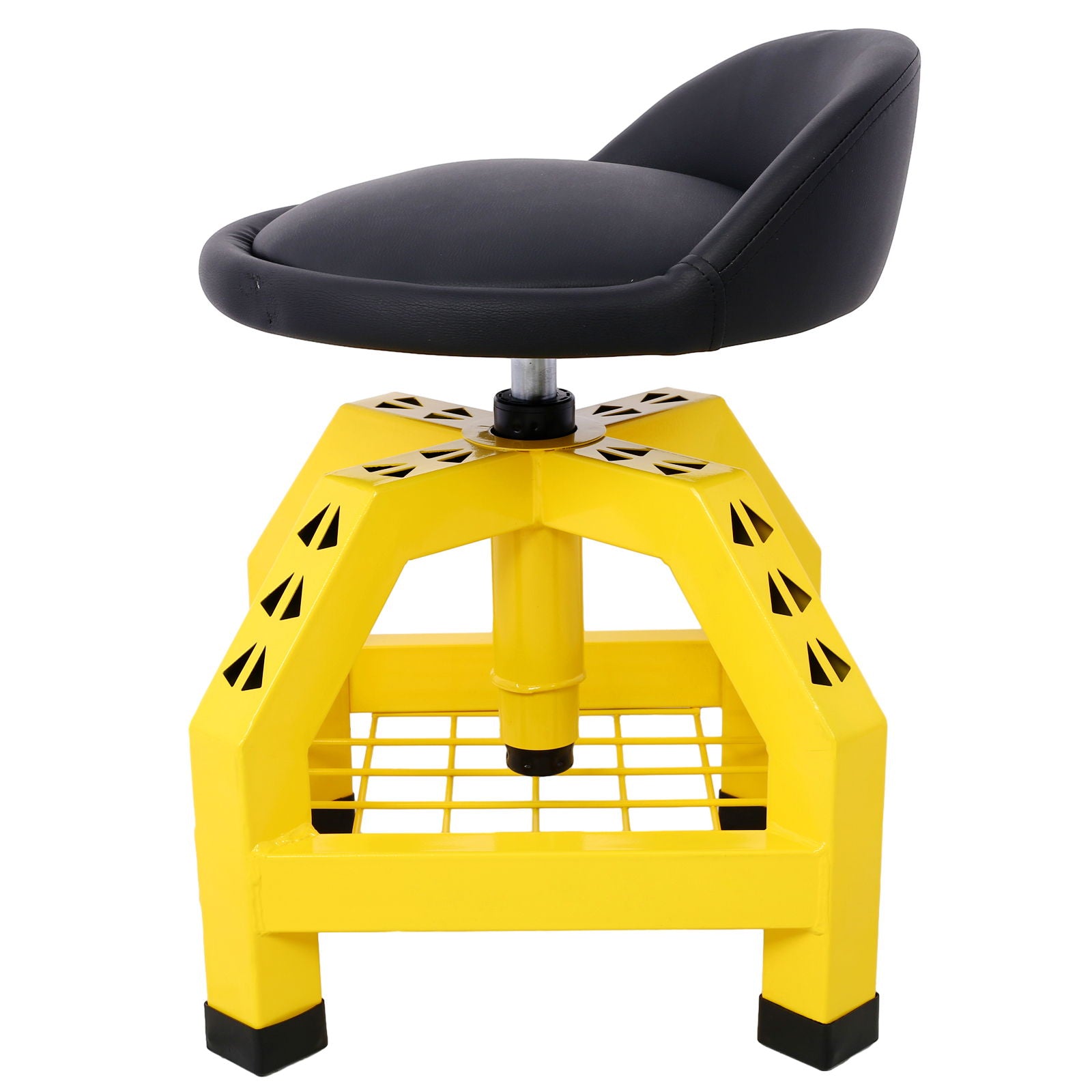 The Pneumatic 360 Degree Swivel Stool features a cushioned black seat and backrest, a sturdy yellow metal base with black triangle cutouts, a grid platform near the bottom, and casters for easy movement—ideal as a rolling mechanics stool.