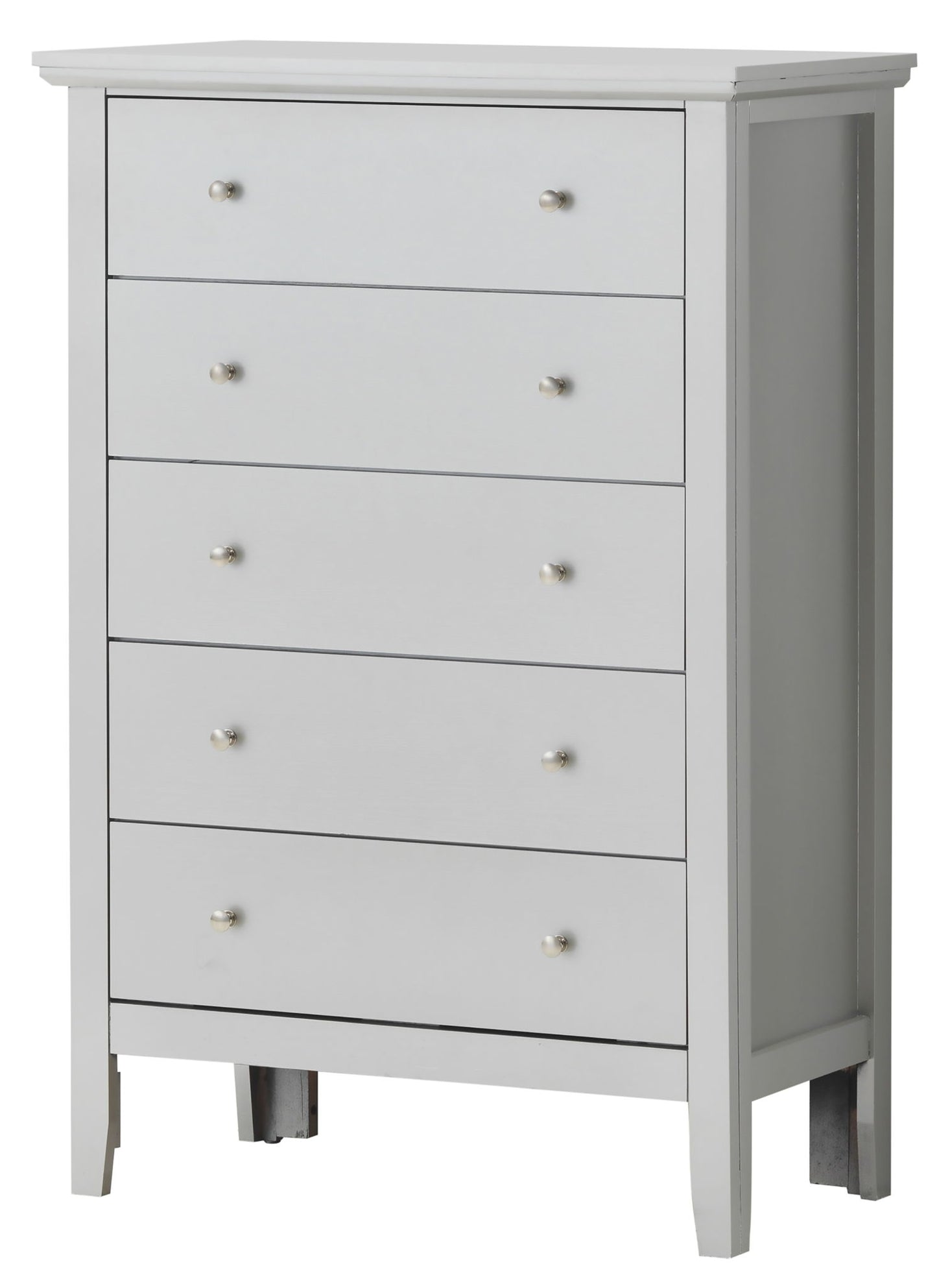 The Primo - Chest is a white wooden five-drawer chest with two small round metal knobs per drawer, featuring a simple modern design, straight legs, and a flat top.