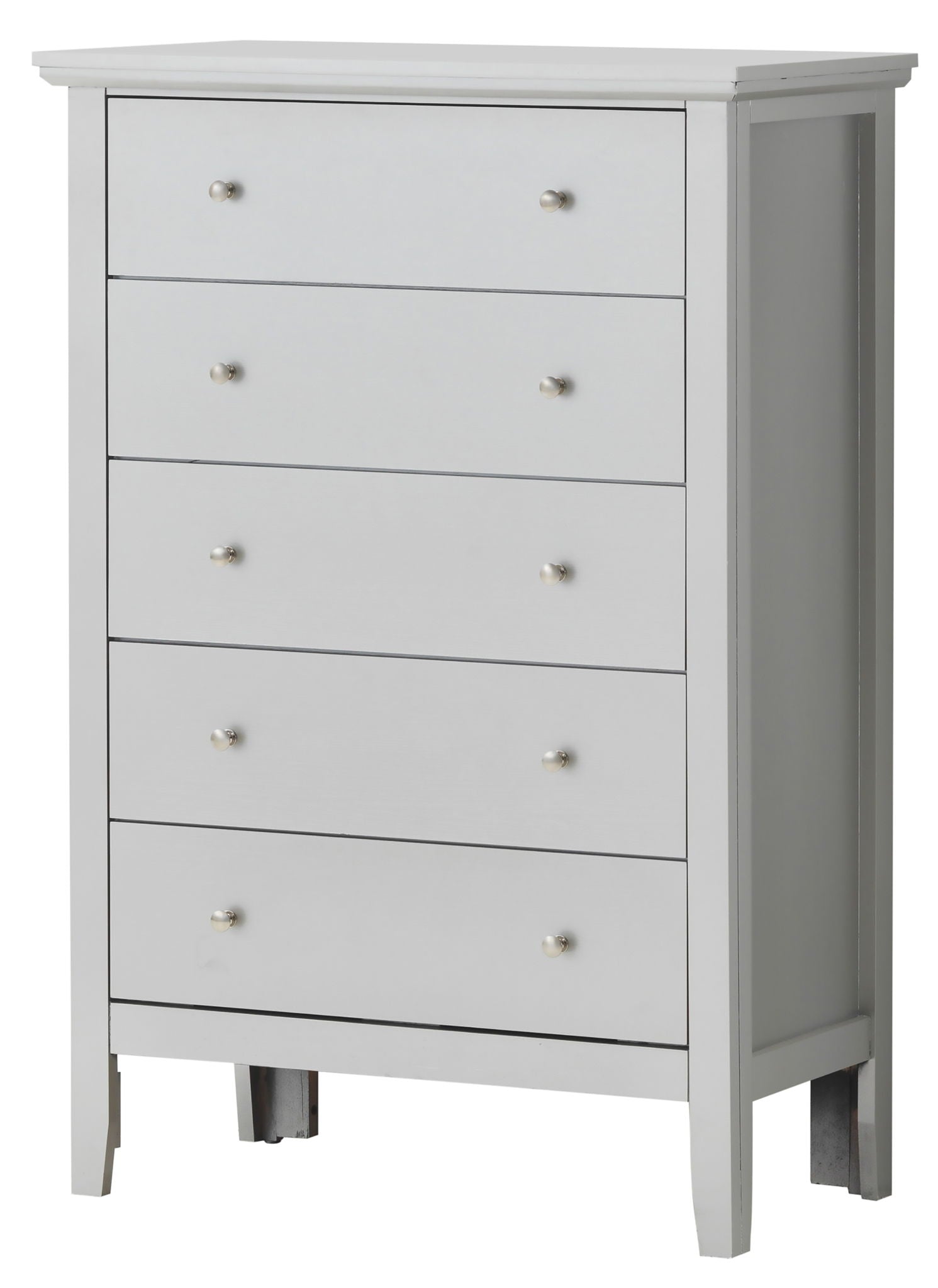 The Primo - Chest is a white wooden five-drawer chest with two small round metal knobs per drawer, featuring a simple modern design, straight legs, and a flat top.