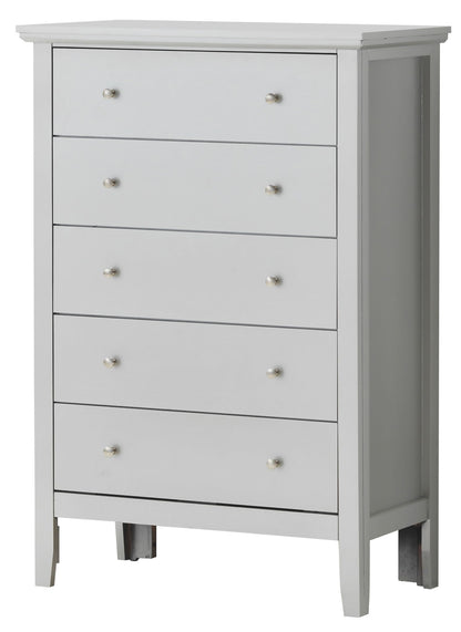 The Primo - Chest is a white wooden five-drawer chest with two small round metal knobs per drawer, featuring a simple modern design, straight legs, and a flat top.