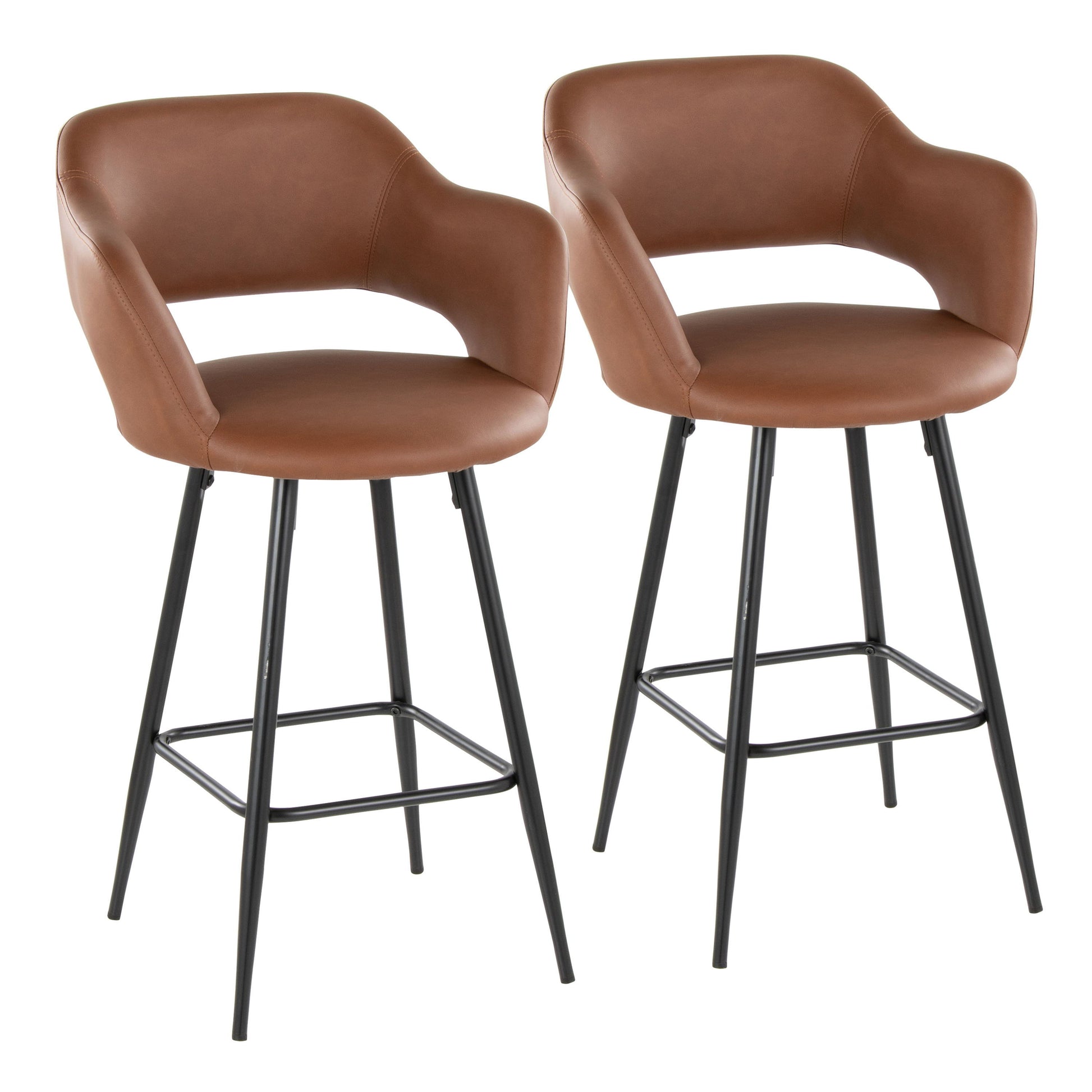 The Margarite set includes two contemporary brown leather counter stools featuring curved backs, armrests, and sleek black metal legs with square footrests. Perfect for modern interiors.