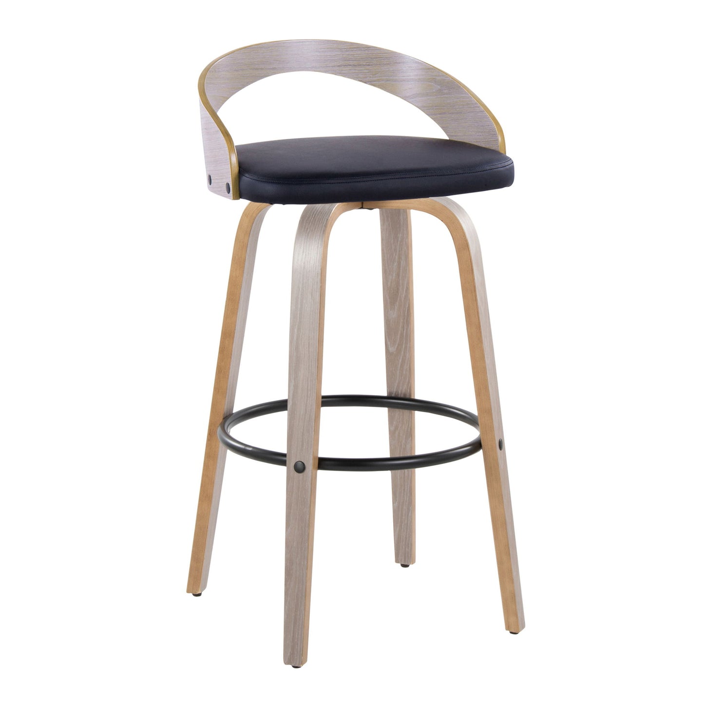 The Grotto Contemporary Fixed Height Barstool Set of 2 features a curved wooden backrest, black cushioned seat, light wood legs, and a round black metal footrest for a minimalist, modern look. Swivel design included.