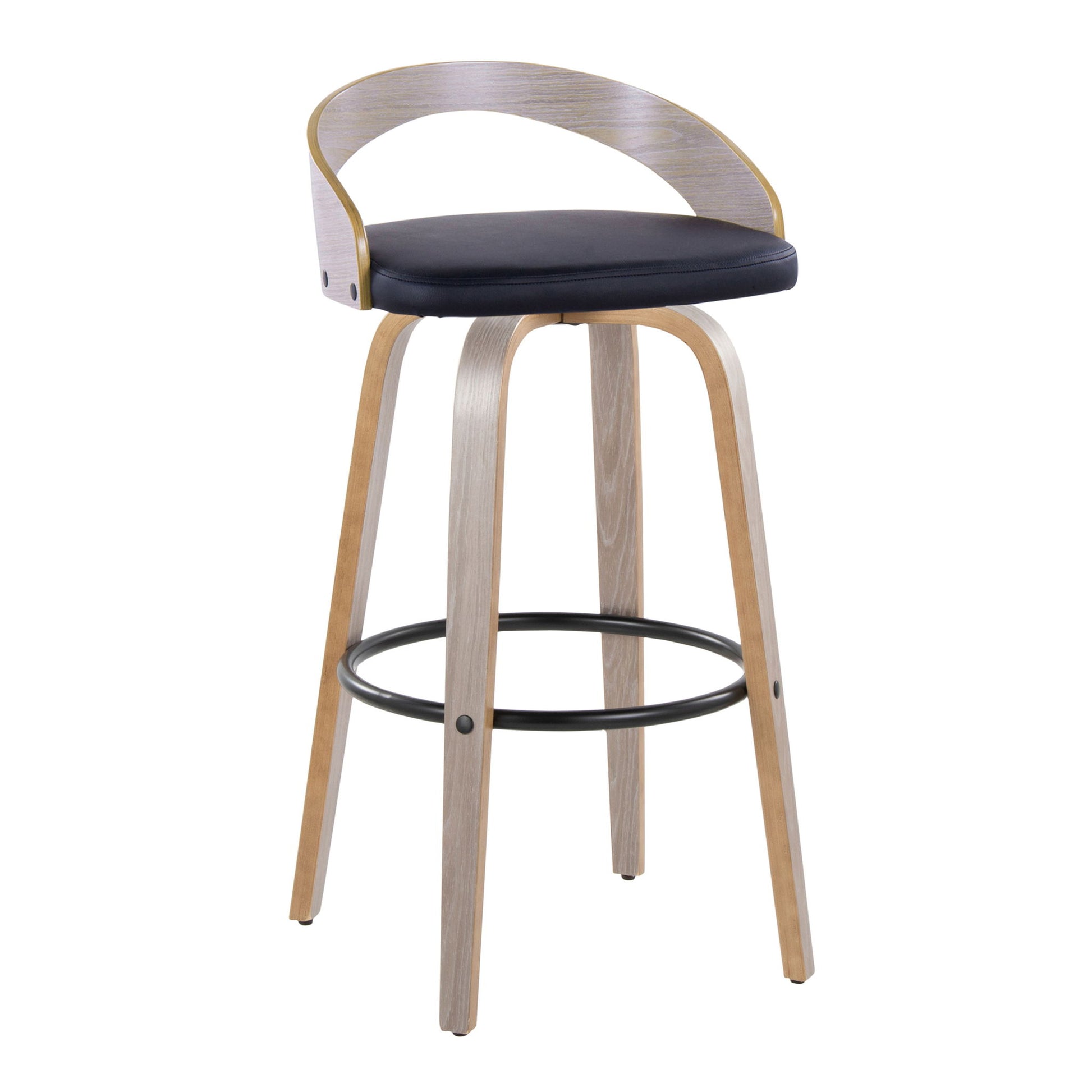 The Grotto Contemporary Fixed Height Barstool Set of 2 features a curved wooden backrest, black cushioned seat, light wood legs, and a round black metal footrest for a minimalist, modern look. Swivel design included.