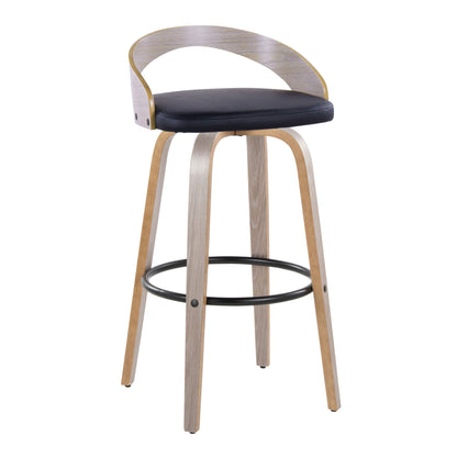 The Grotto Contemporary Fixed Height Barstool Set of 2 features a curved wooden backrest, black cushioned seat, light wood legs, and a round black metal footrest for a minimalist, modern look. Swivel design included.