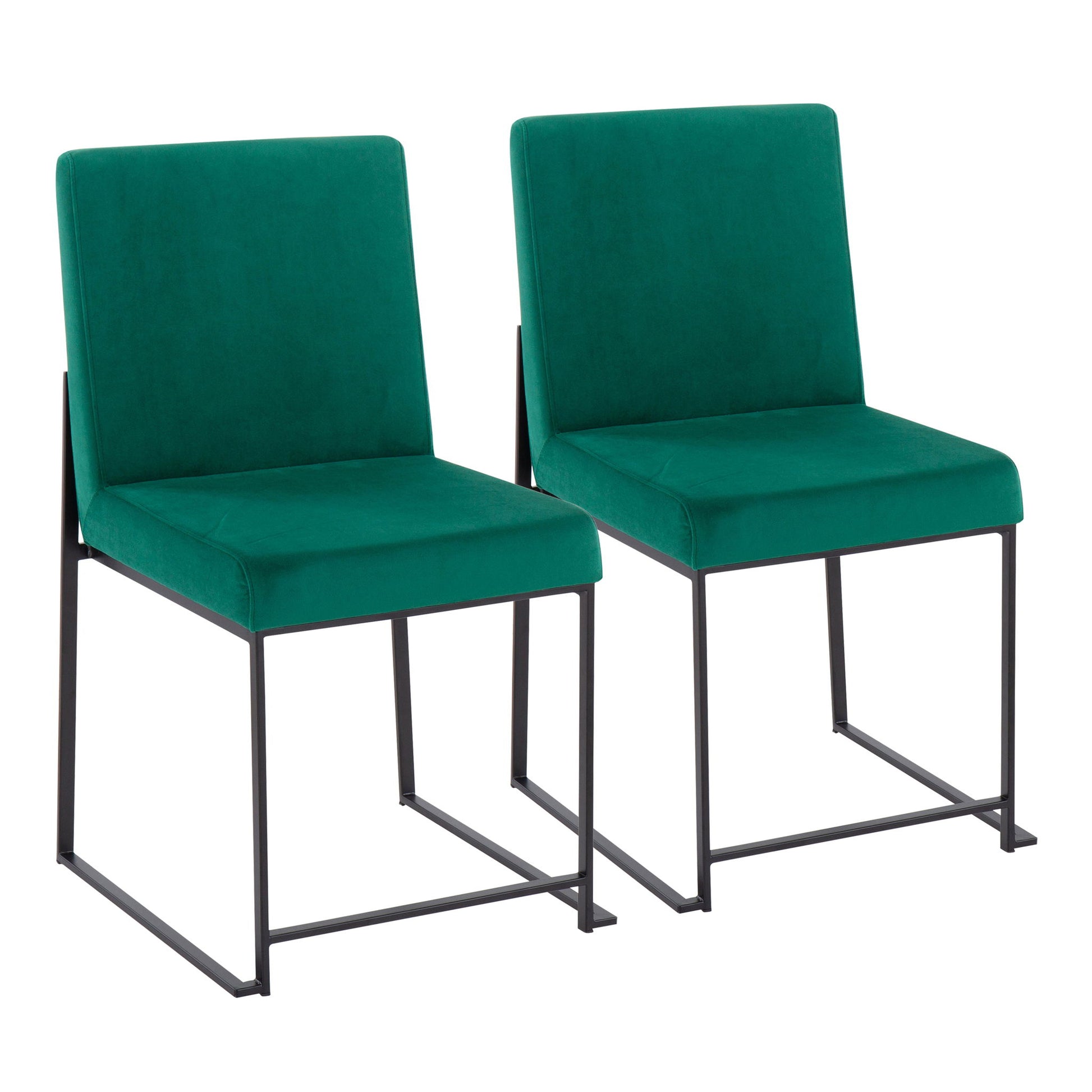 Set of 2 Fuji high back dining chairs featuring green upholstered seats and backs, with modern black metal frames and square legs for contemporary elegance.