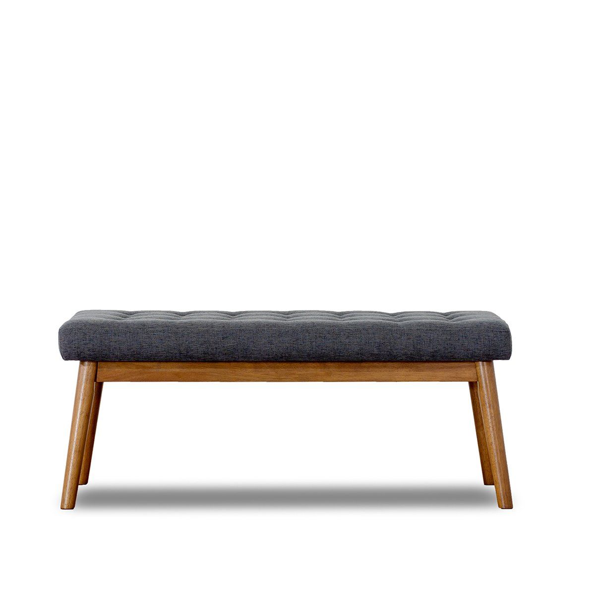 The Delilah Modern Bench features a dark gray, tufted cushion seat and angled wooden legs, shown against a white background.