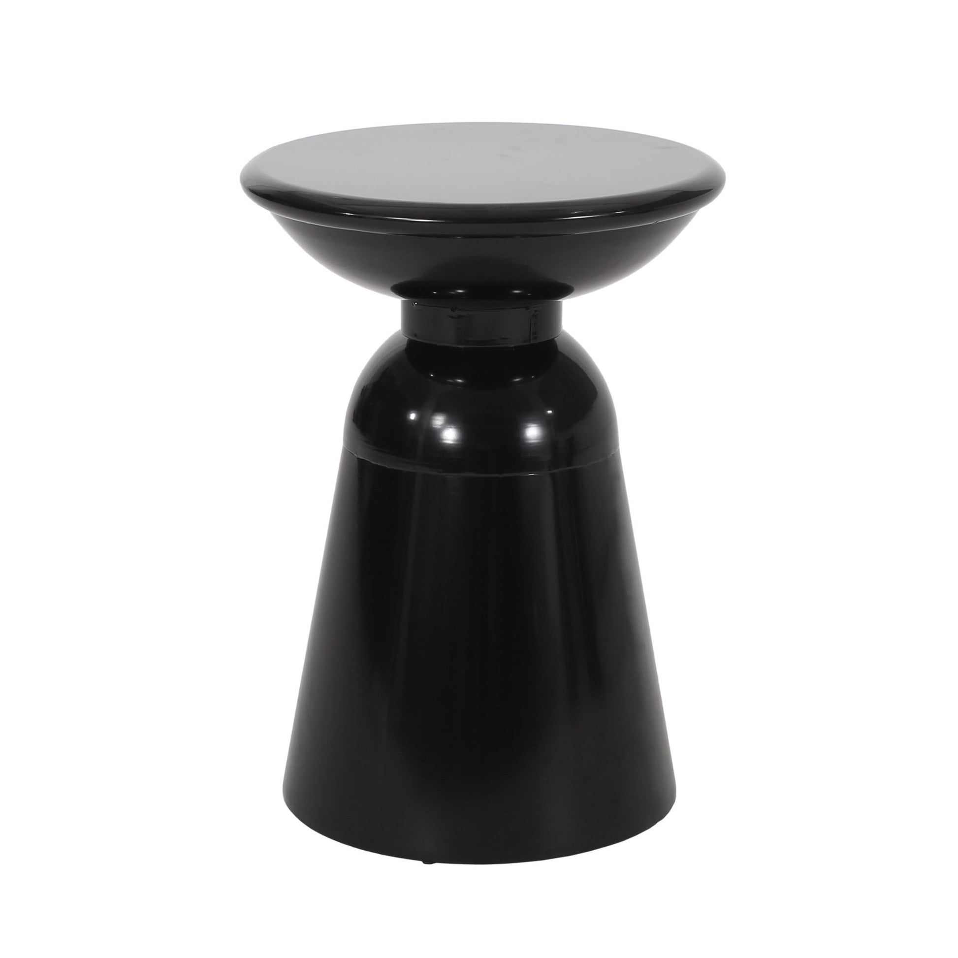 The Outdoor Modern Metal End Large Table features a glossy black finish, a wide flat round top, and a tapered cone-shaped base for a sleek look.
