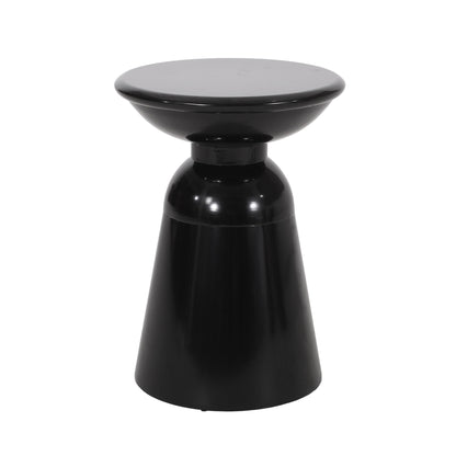 The Outdoor Modern Metal End Large Table features a glossy black finish, a wide flat round top, and a tapered cone-shaped base for a sleek look.