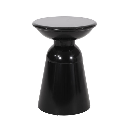 The Outdoor Modern Metal End Large Table features a glossy black finish, a wide flat round top, and a tapered cone-shaped base for a sleek look.