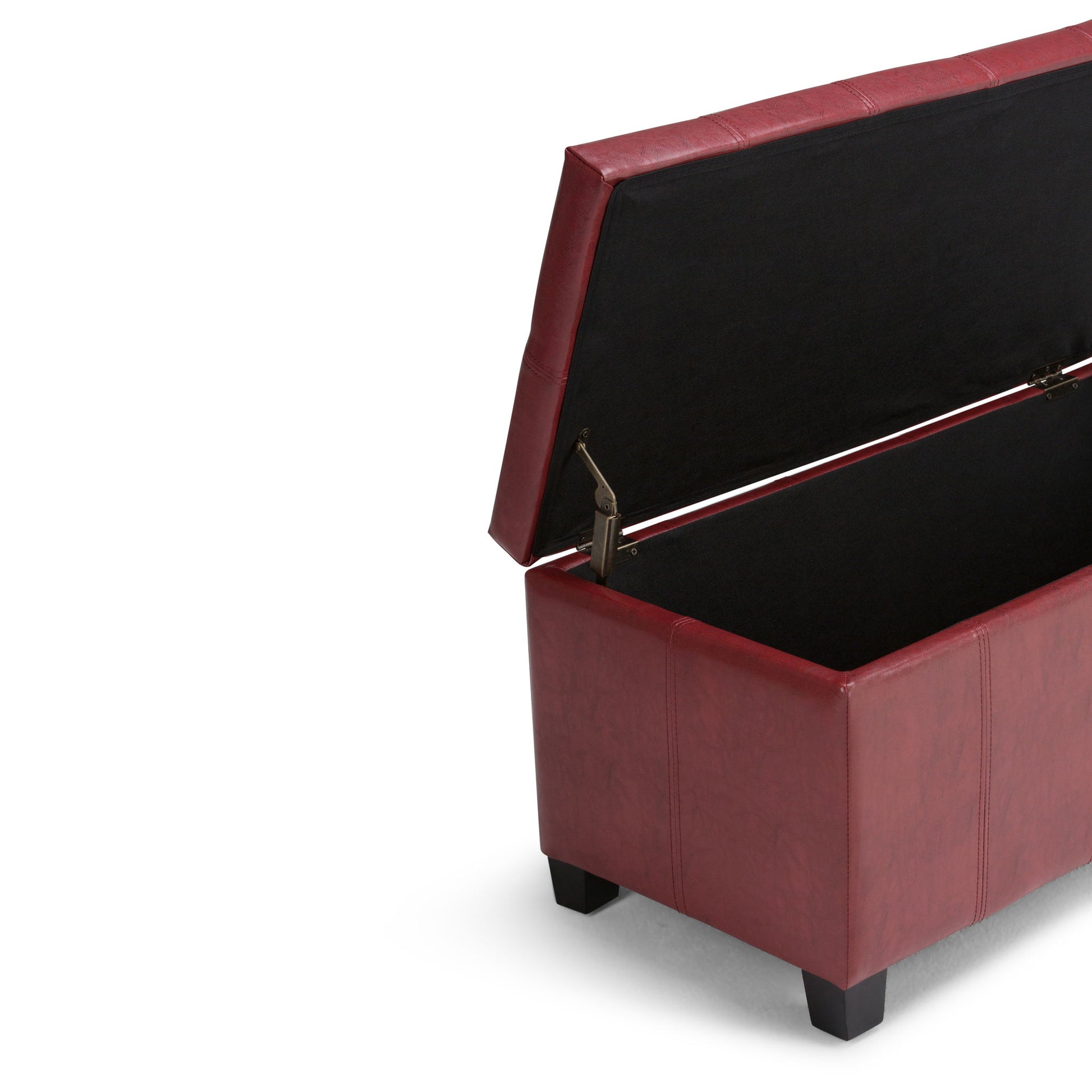The Dover - Upholstered Storage Ottoman Bench in red features a spacious interior with its lid open, supported by a hinge. It stands on four short black legs, combining style and storage in one elegant piece.