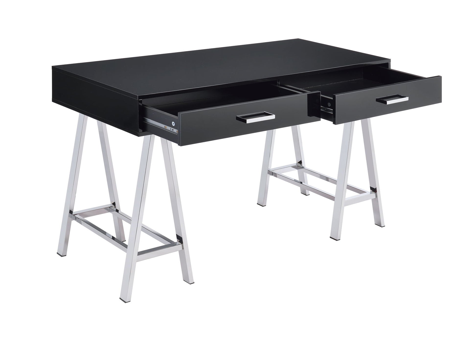 The Coleen High Gloss Writing Desk With USB features a modern black design, two open drawers, and silver metal legs, shown on a white background.