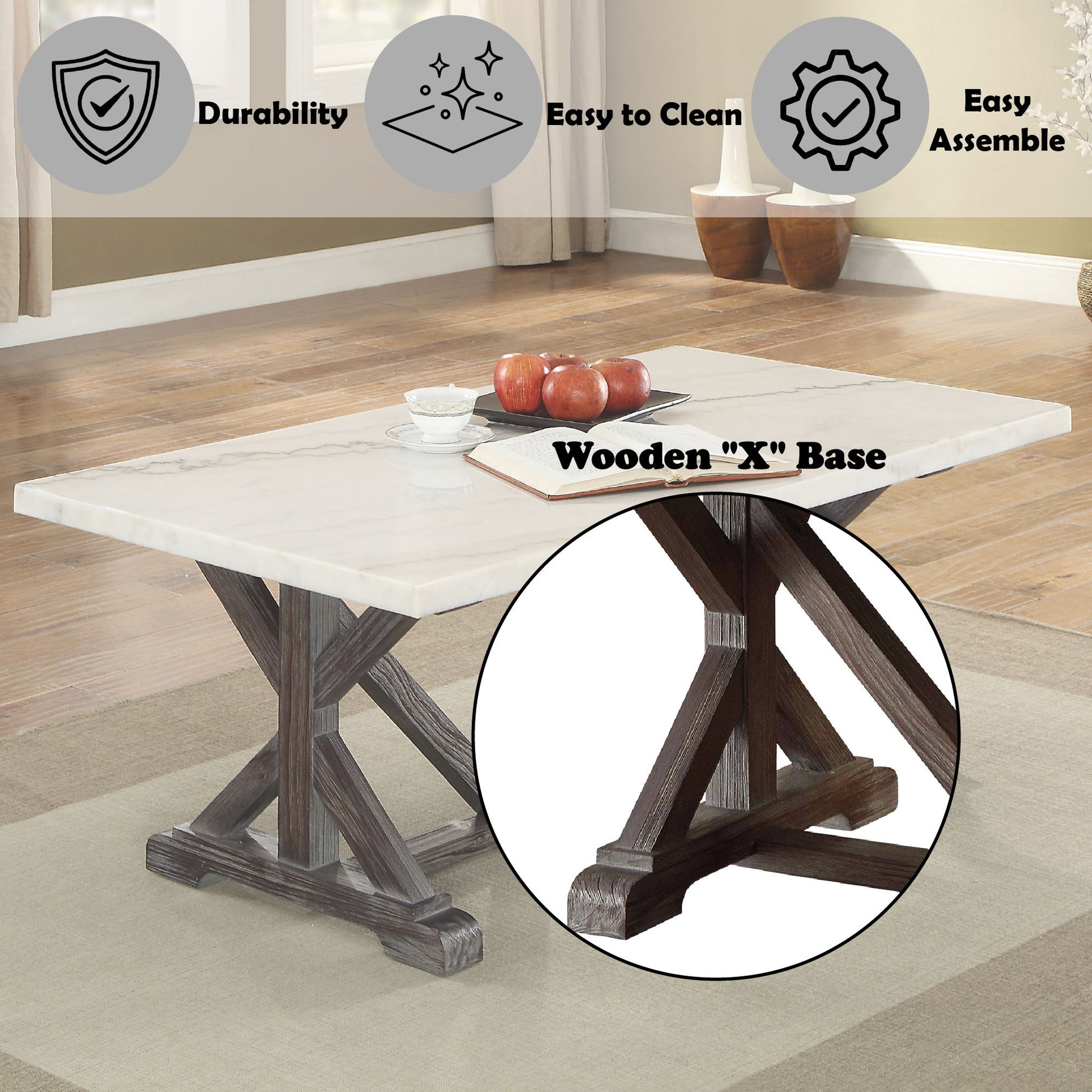 The Romina Marble Top Weathered Coffee Table features a rectangular white marble top and wooden "X" base, sitting on a rug in a bright room. Durable, easy to assemble, and easy to clean—these features are shown by icons at the top of the image.