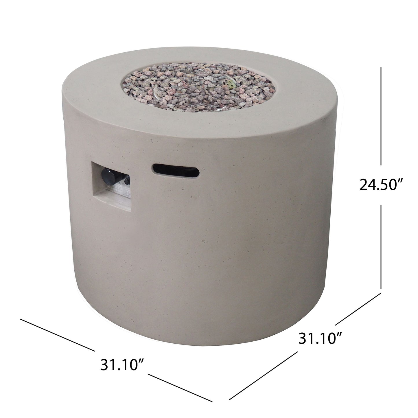 The Round Iron Fire Pit With 40,000 Btu is a modern, round concrete fire pit measuring 31.10" in diameter and 24.50" high, featuring a stone-filled center and a small rectangular side opening.