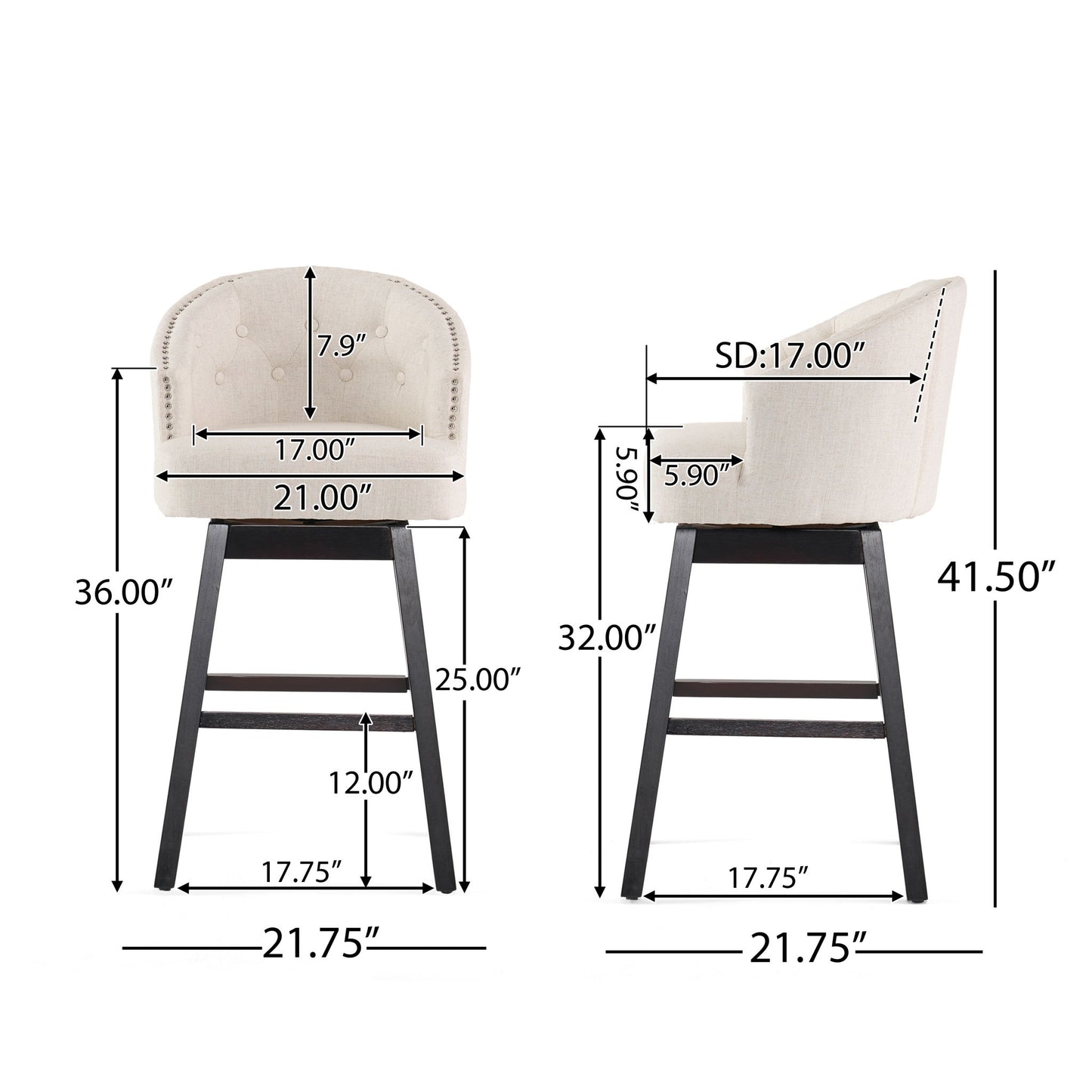 The Mellifluous 360 Degree Swivel Bar Stools (Set of 2) are shown in beige upholstery with black wooden legs, featuring nailhead trim. Front and side views display seat height, depth, back height, and overall dimensions.