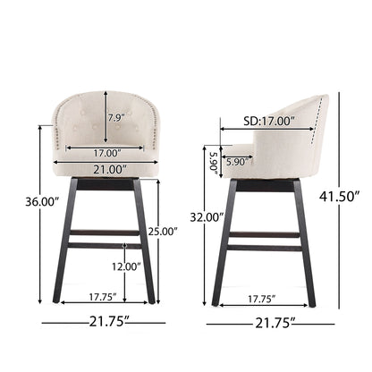 The Mellifluous 360 Degree Swivel Bar Stools (Set of 2) are shown in beige upholstery with black wooden legs, featuring nailhead trim. Front and side views display seat height, depth, back height, and overall dimensions.