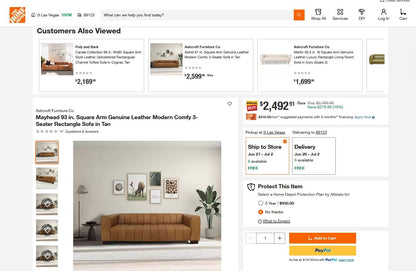 The Home Depot product page for the Dixon - Waxy Sofa - Tan displays a modern, tan 3-seater leather sofa with square arms, featuring price, image, delivery/pickup options, payment buttons, and “Customers Also Viewed” recommendations.