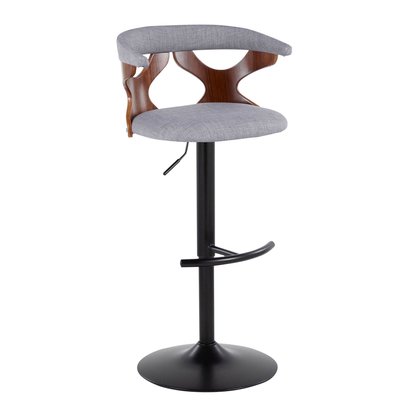 The Gardenia Contemporary Adjustable Barstool (Set of 2) features a gray cushioned seat, curved wooden backrest with cut-out, black metal pedestal base, swivel design, and a rounded T footrest.