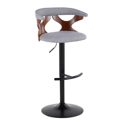 The Gardenia Contemporary Adjustable Barstool (Set of 2) features a gray cushioned seat, curved wooden backrest with cut-out, black metal pedestal base, swivel design, and a rounded T footrest.