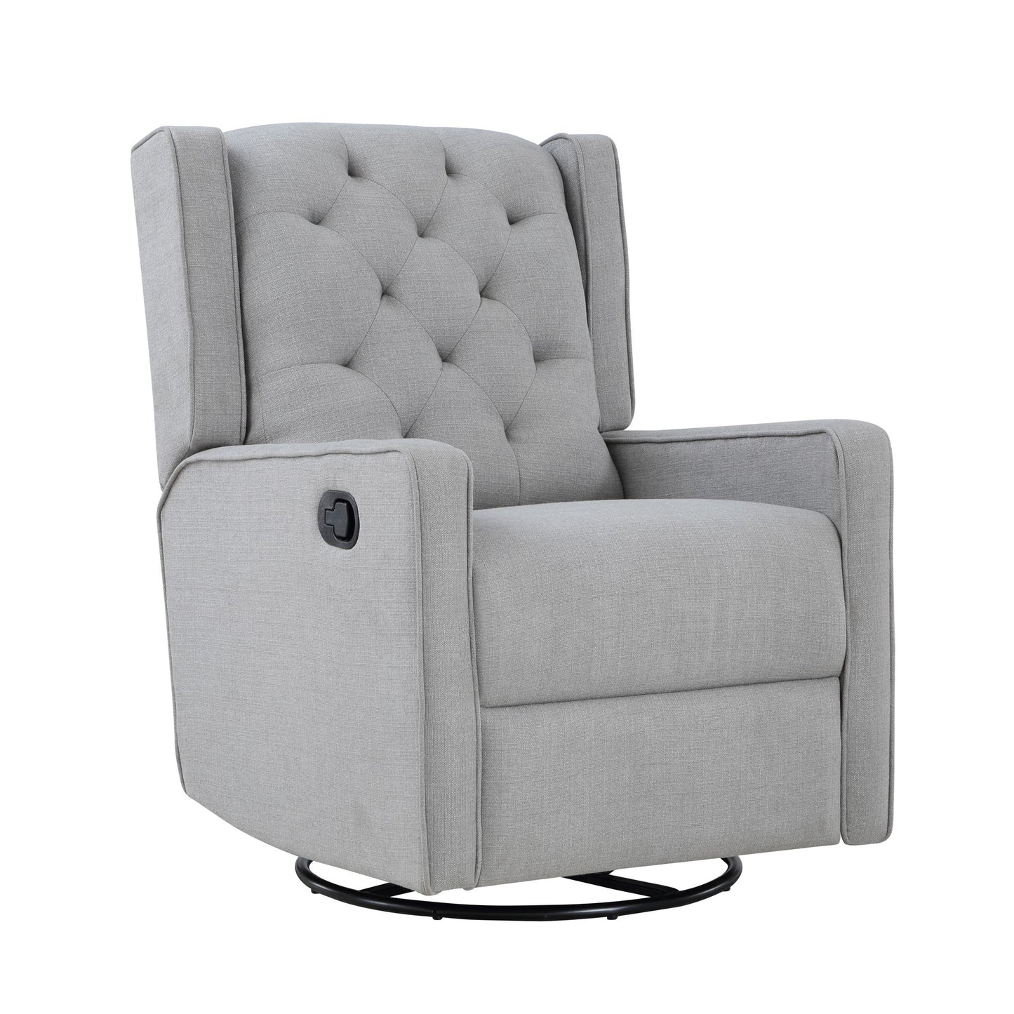 The Milah Gliding Swivel Recliner Tufted chair features light gray upholstery, a tufted backrest, padded arms, and a side lever for reclining adjustment, displayed against a white background.
