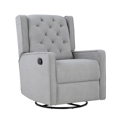 The Milah Gliding Swivel Recliner Tufted chair features light gray upholstery, a tufted backrest, padded arms, and a side lever for reclining adjustment, displayed against a white background.
