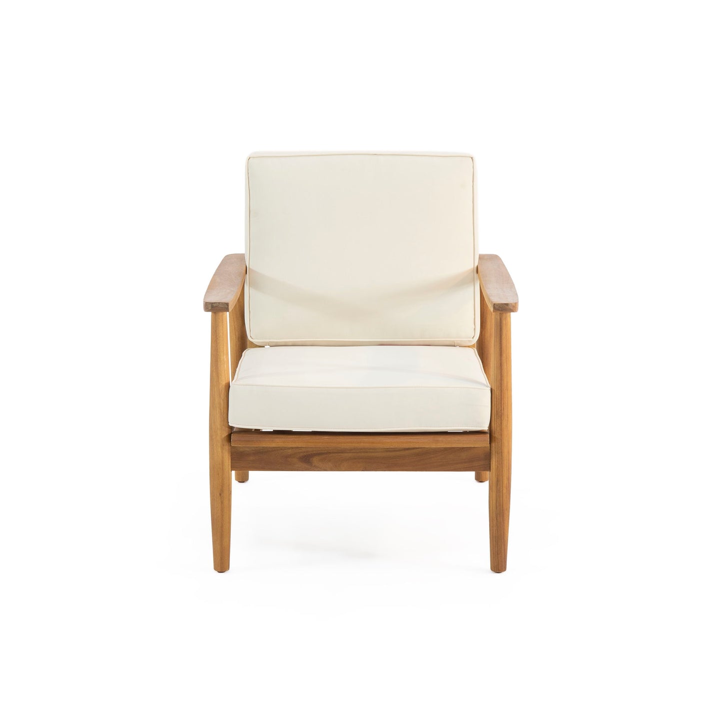 The Emmry Outdoor Acacia Wood Club Chair features a wooden frame with light beige seat and backrest cushions, shown from the front against a plain white background.