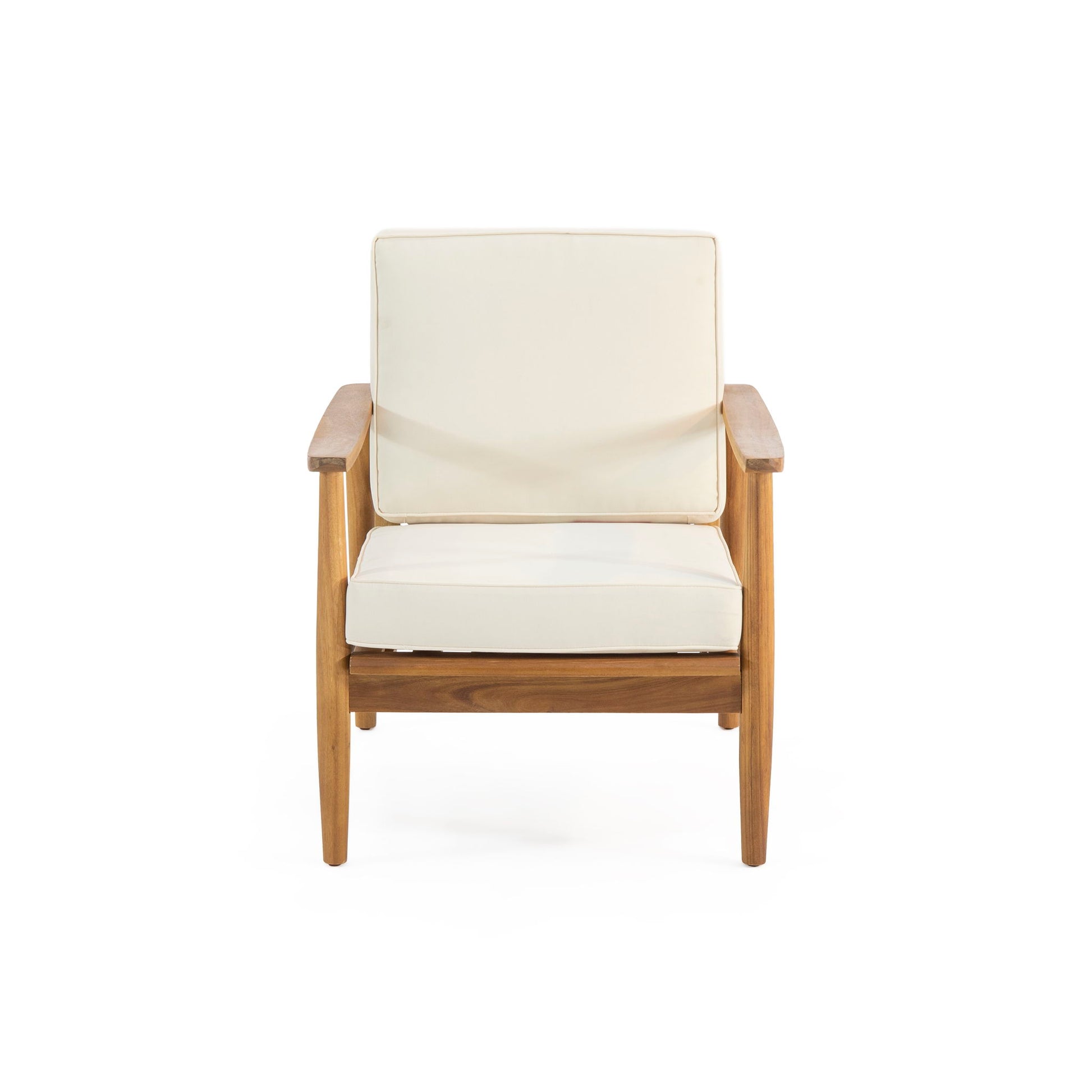 The Emmry Outdoor Acacia Wood Club Chair features a wooden frame with light beige seat and backrest cushions, shown from the front against a plain white background.