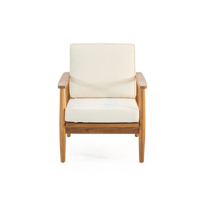 The Emmry Outdoor Acacia Wood Club Chair features a wooden frame with light beige seat and backrest cushions, shown from the front against a plain white background.