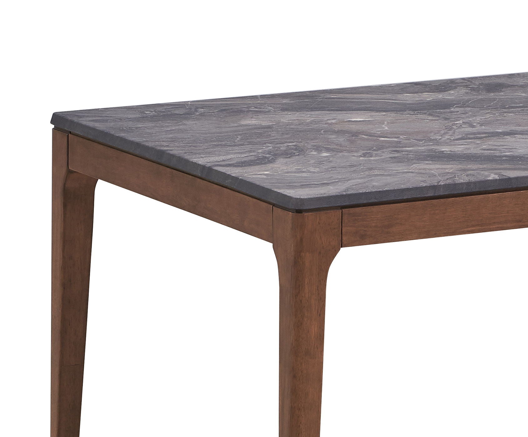 A close-up of the Bevis dining table showcases its modern design, featuring a dark, textured engineered stone top and warm walnut-finished wooden legs that beautifully complement the tabletop’s dark tones.