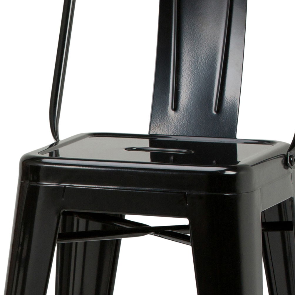 Close-up of the Rayne - Multifunctional Metal Stool, featuring a black metal finish, flat seat, straight backrest, and four sturdy legs. Its industrial minimalist design showcases visible bolts and clean lines.