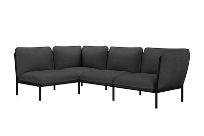 The Kumo Corner Sofa Left with Armrest is a modern dark gray sectional with five cushioned seats and a minimalist black metal frame. Its sleek design features slightly angled backrests, making it ideal for contemporary interior settings.