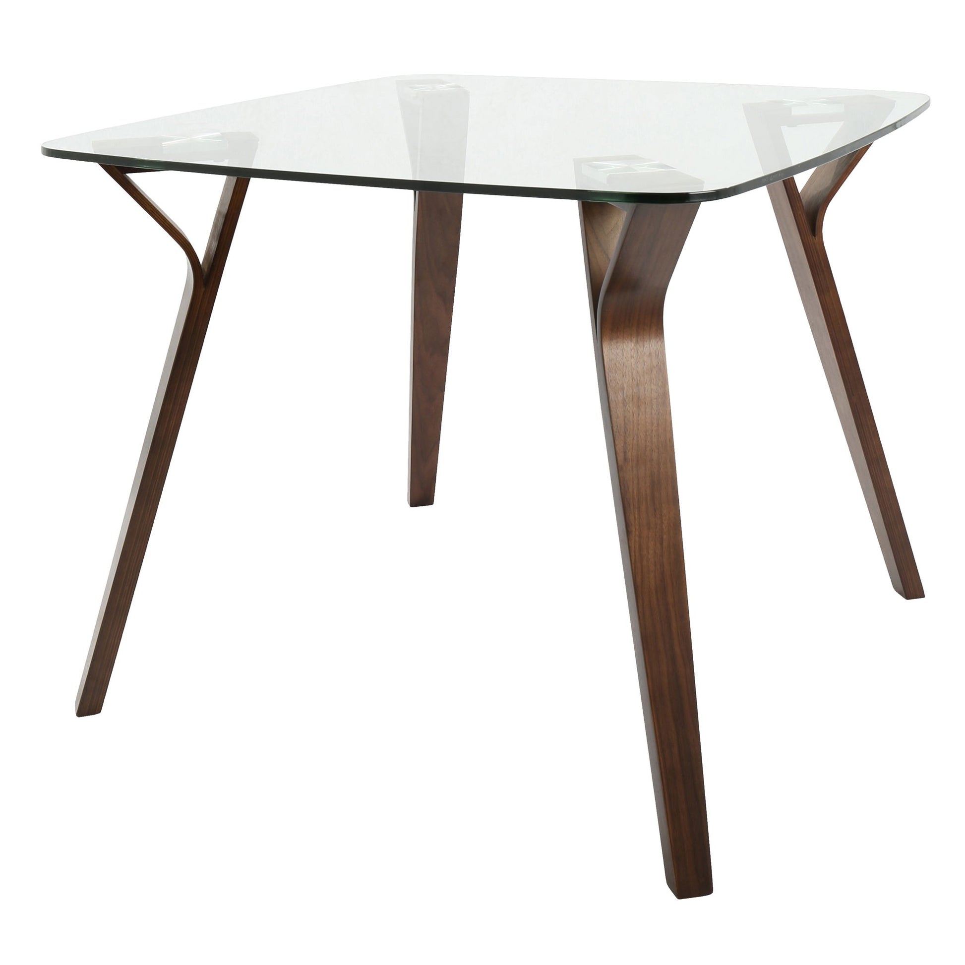 The Folia - Mid Century Modern Dinette Table features a clear rectangular glass top and four angled wooden legs with a dark finish in a sleek, minimalist design.