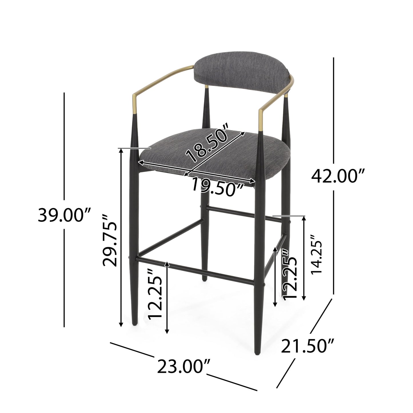 The Counter Height Upholstered Barstools (Set of 2) feature black legs, dark gray cushioned seat and backrest, gold armrests, and measure 42"H x 23"W x 21.5"D with a seat height of 29.75". Detailed dimensions included.