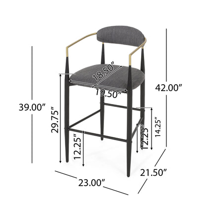 The Counter Height Upholstered Barstools (Set of 2) feature black legs, dark gray cushioned seat and backrest, gold armrests, and measure 42"H x 23"W x 21.5"D with a seat height of 29.75". Detailed dimensions included.