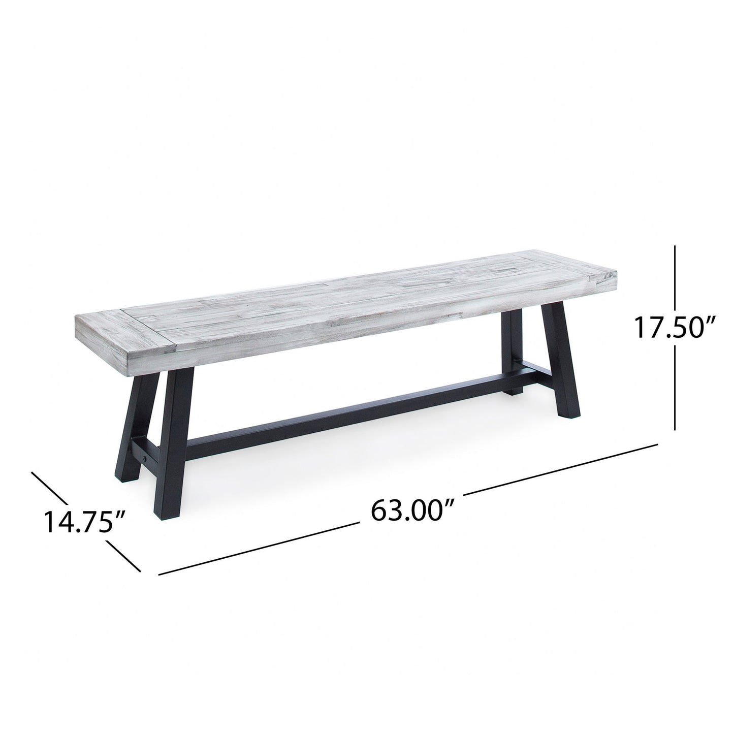 The Tranquilizer Outdoor Acacia Wood Bench features a light gray finish, black legs, and a modern minimalist slat panel design. It measures 63"L x 14.75"D x 17.5"H, making it perfect for contemporary outdoor spaces.