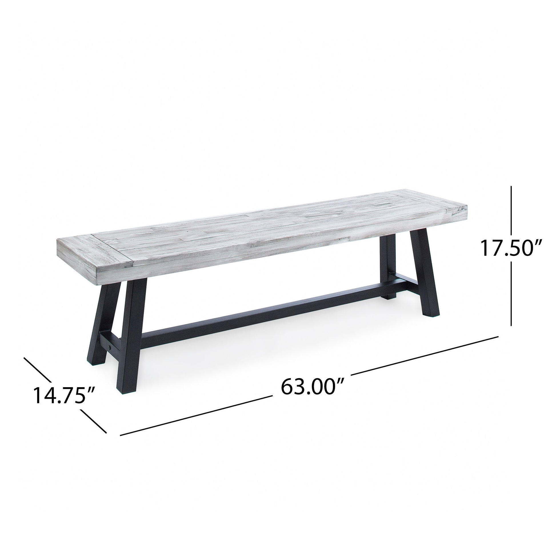 The Tranquilizer Outdoor Acacia Wood Bench features a light gray finish, black legs, and a modern minimalist slat panel design. It measures 63"L x 14.75"D x 17.5"H, making it perfect for contemporary outdoor spaces.