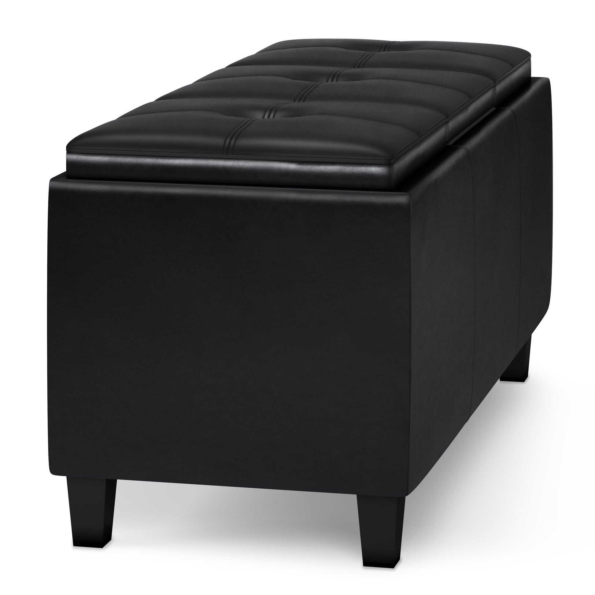 The Avalon Tray Storage Ottoman With Lift Up Lids in Midnight Black features a rectangular design, tufted padded top, and short square wooden legs, displayed against a white background.