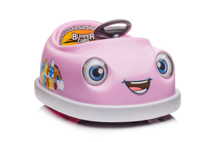 The Bumper Car For Kids is a pink 12V electric ride-on car for ages 1-6, featuring a smiling face with large blue eyes, colorful decals, anti-collision design, pushrod, dinner plate, USB BT music, and rocking horse mode; isolated on white.