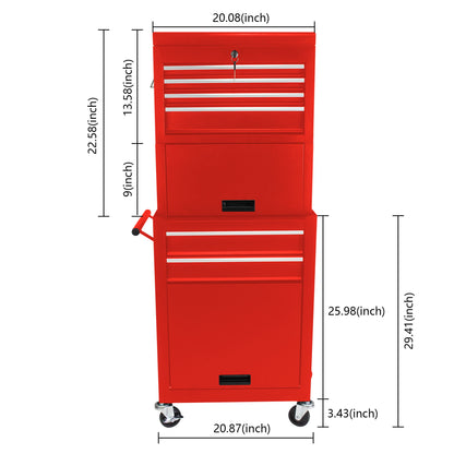 6 Drawer Lockable Tool Cabinet On Wheels, Steel Rolling Tool Chest With Detachable Toolbox