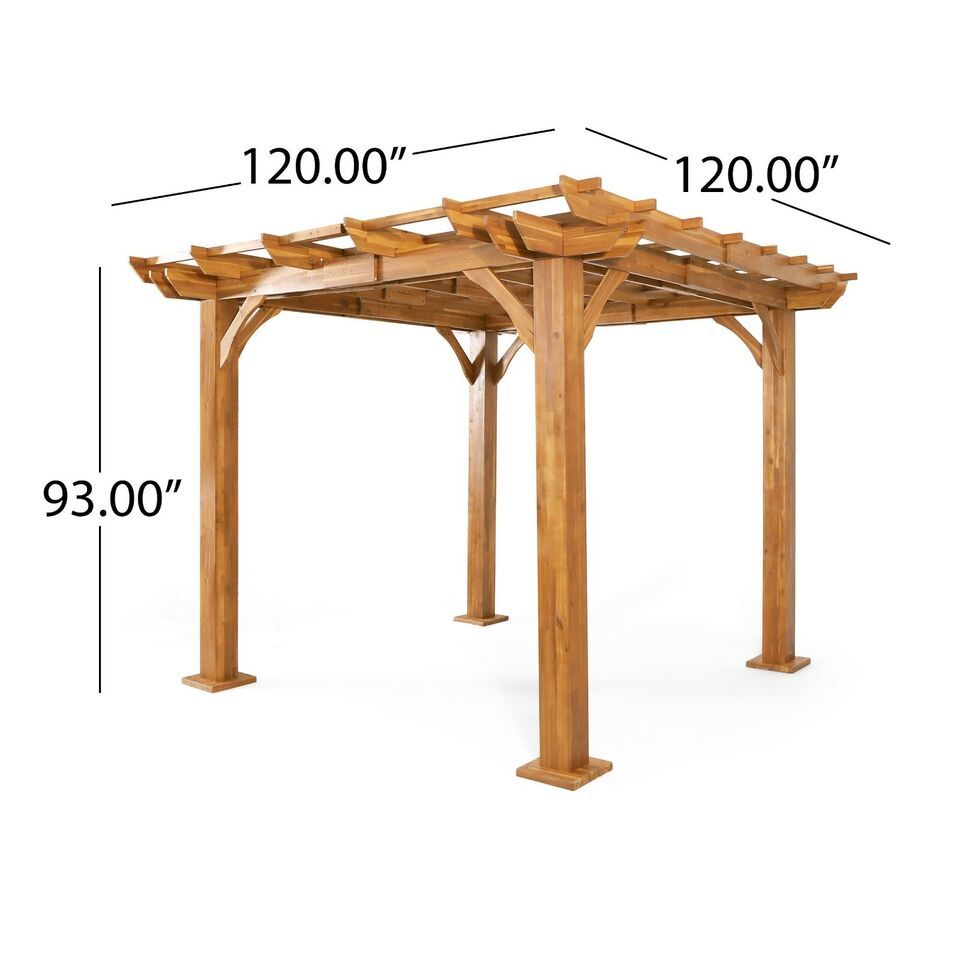 The Brady - 10 x 10 Ft. Square Pergola in Teak features four posts, flat crossbeams, and measures 120" W x 120" L x 93" H.