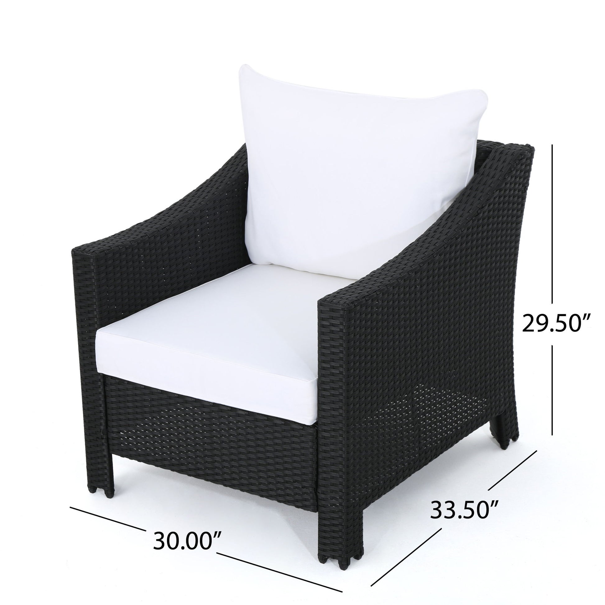 The Antibes Armchair features black wicker and water-resistant white seat and back cushions. It measures 29.5" H x 30" W x 33.5" D, with measurements displayed next to the chair.