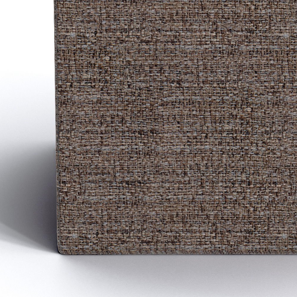 Close-up of the Rockwood Upholstered Cube Storage Ottoman With Tray, showing its brown textured woven fabric and shadow on a white background.