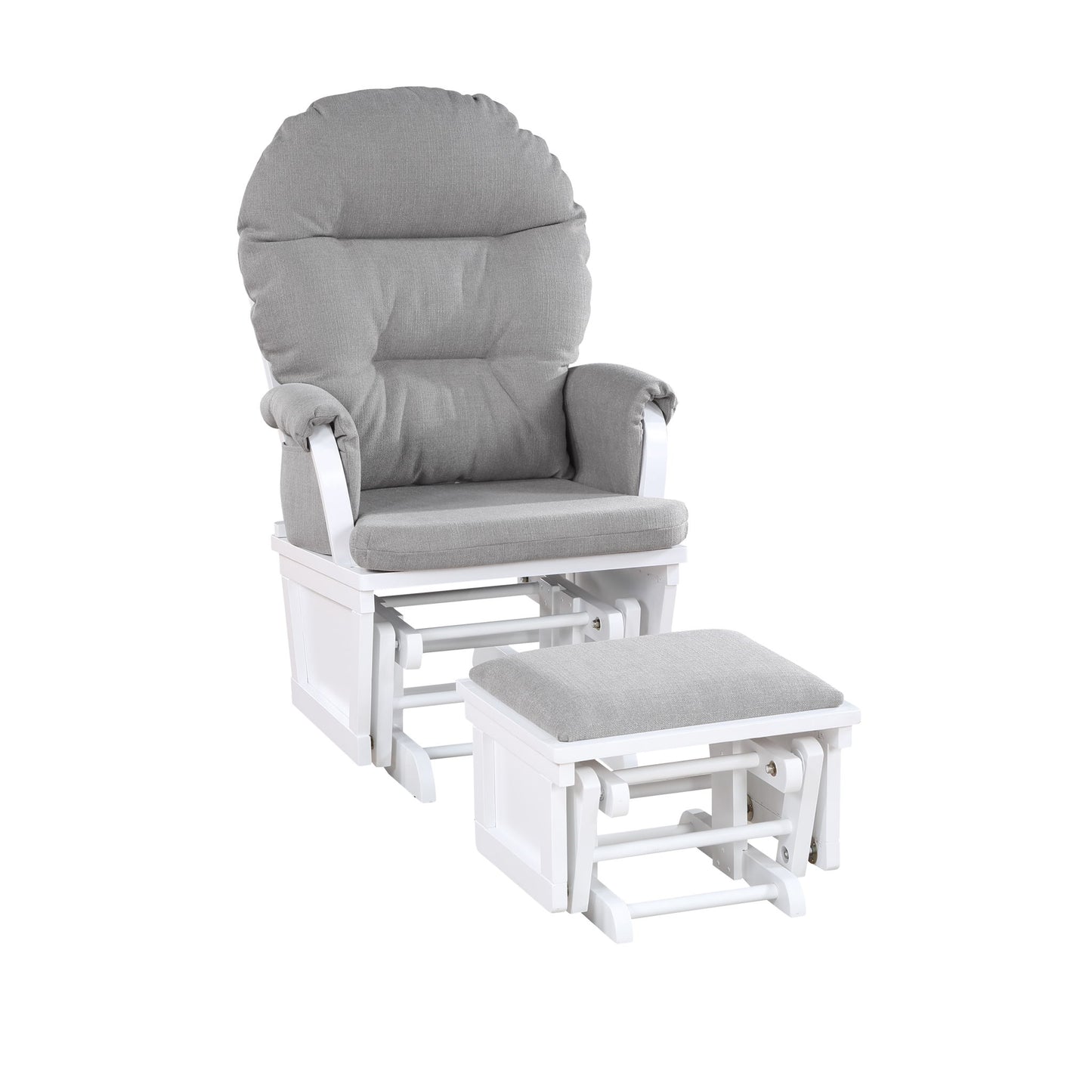 The Madison - Glider & Ottoman - White Base features a cushioned gray chair with padded armrests and a matching gliding ottoman, both on elegant white wooden frames, set against a plain white background.